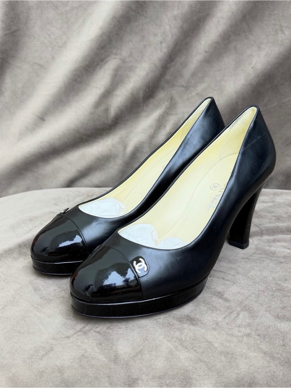 CHANEL Black Leather Platform Pumps with Patent Cap Toe